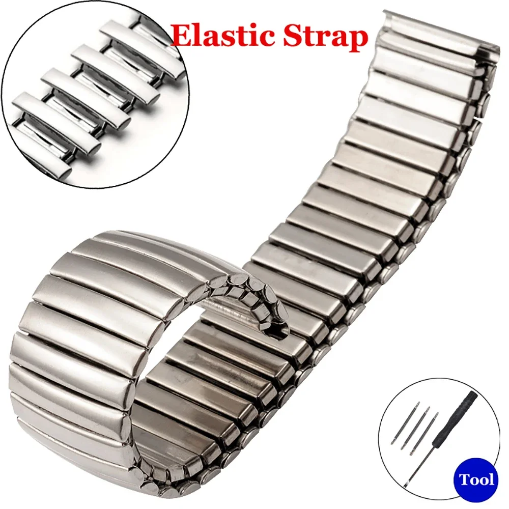 12 14 16 18 20 22mm Stainless Steel Elastic Strap Polished Band Metal Bracelet Watch Accessories for Samsung Watch3/4/5/6