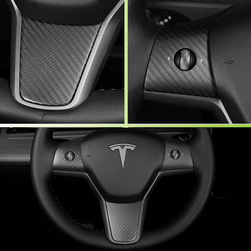 For Carbon Fiber Interior Steering Wheel Cover Trim Accessories for Tesla Model 3 2017-2023,Model Y 2020-2023 (Matte Black) 3PCS