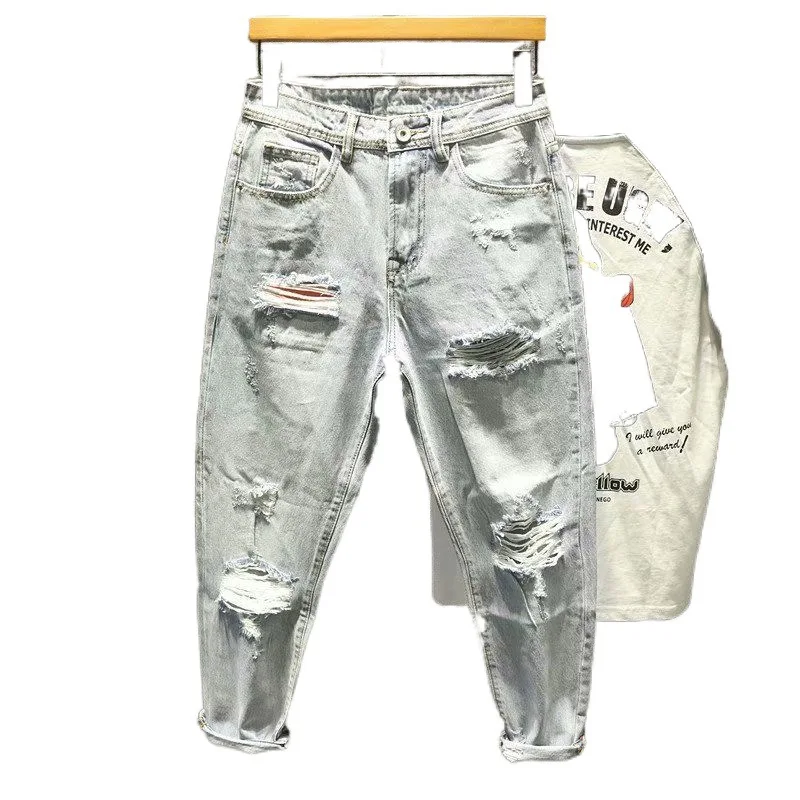 Ripped Jeans for Men 2022 Vintage Clothes Patch Hole Beggar Pants Jean Baggy Light Color 90s Streetwear Vintage Trousers