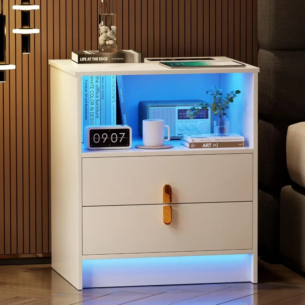 

Bedroom bedside table with LED light, 2 drawers and open storage bedside table, occupancy sensor function, white