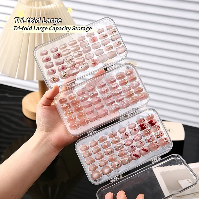 3-Fold Press On Nails Storage Box Clear PET Nail Organizer Case with Fixing Strips Holder Dustproof Jewelry Storage Container - view 2