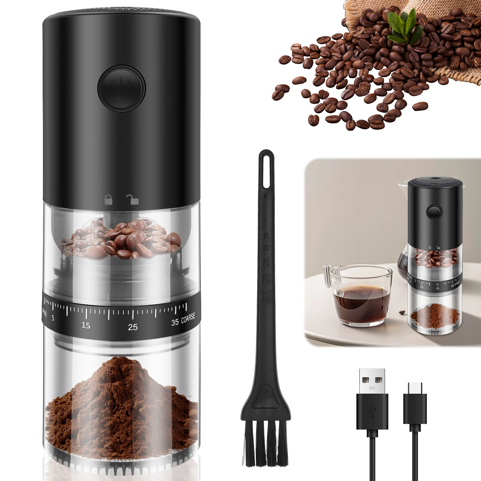 

Портативная электрическая кофемолка с регулировкой на 38 уровней, перезаряжаемая, для измельчения продуктов, специй, перца, зерна