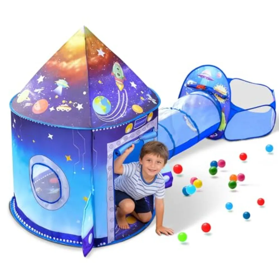 

Игровая палатка-космический корабль 3-в-1 с туннелем и шариковым бассейном для дома и улицы, раскладной игровой домик в сине-серебристых тонах Fun Astro