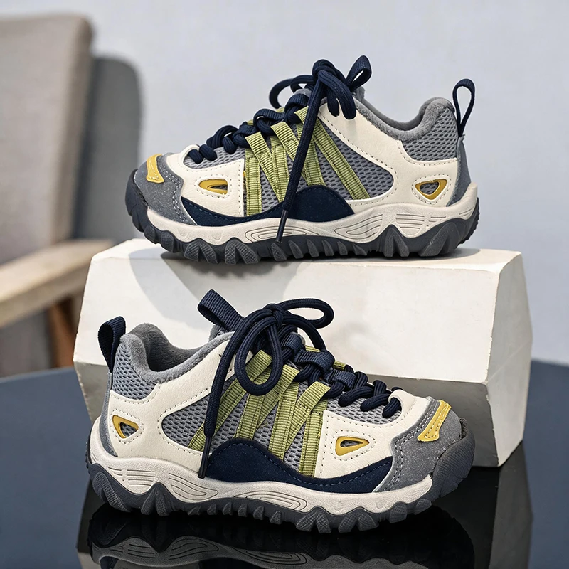 Girls Winter Hiking Shoes Retro Color Block Kids Outdoor Trekking Sneakers Anti Slip Thick Sole Warm Children Walking Shoes