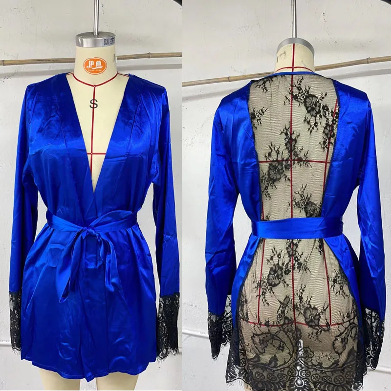 Sexy Silk-like Pajamas  Loose and Comfortable Robe  Casual and Thin Home Wear  Lace Pajamas  Loose Cardigan with Tie Bathrobe image 6
