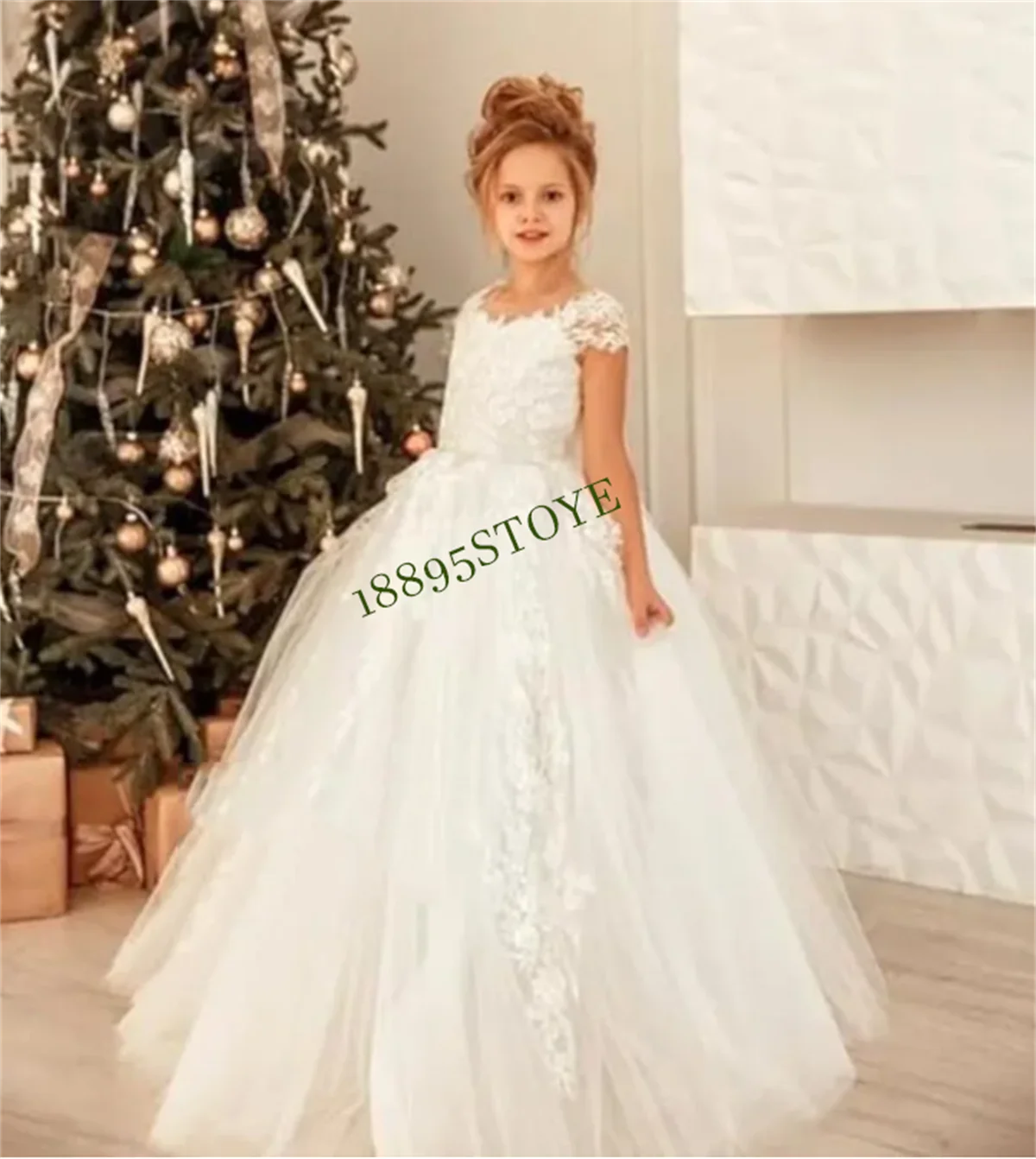 結婚式のためのレースの花の女の子のドレス、チュールパーティードレス、プリンセス、初聖体