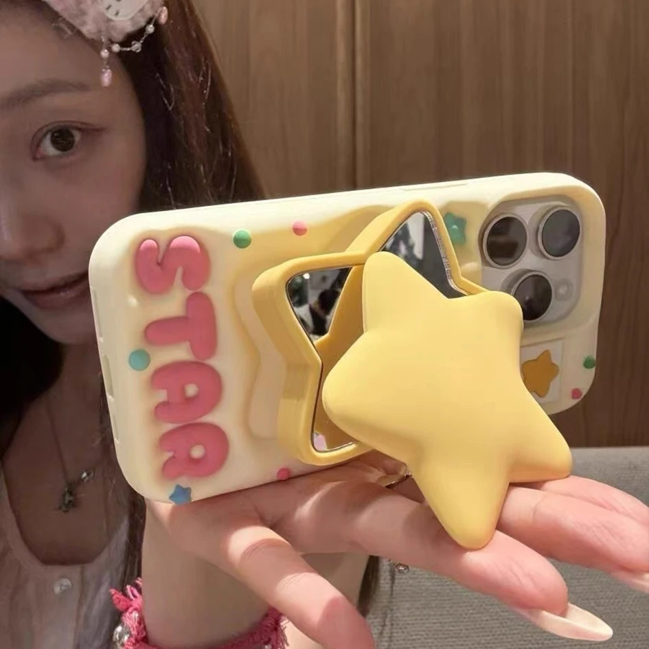 

Для iphone 16 pro max Star зеркальный складной кронштейн Силиконовый защитный чехол для iphone 15 14 Plus 12 13 15 Pro Max с милыми узорами