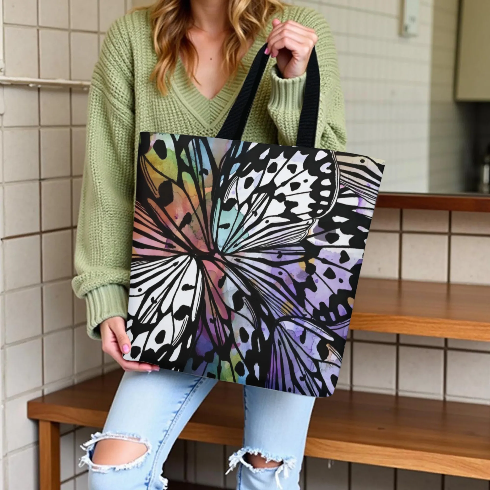 

Watercolor Butterfly Wing Textured Canvas Tote Bag Artistic Watercolor Natural Aesthetic Style Daily Study Shoulder Handbag