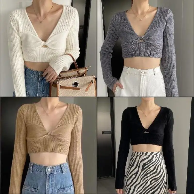 Sexy V-neck Knitted Sweater Women Solid Color Slim Bottom Cropped Top