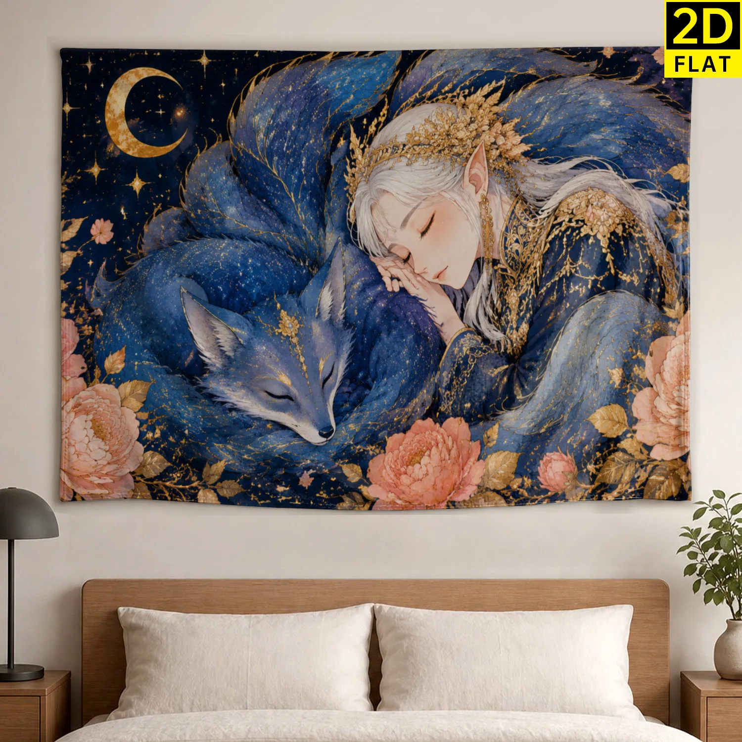 Celestial Wolf Fairy Tapestry Blue Cosmic Fantasy Wall Hanging Decor Bohemian Mystic Night Sky Art Print for Bedroom Home