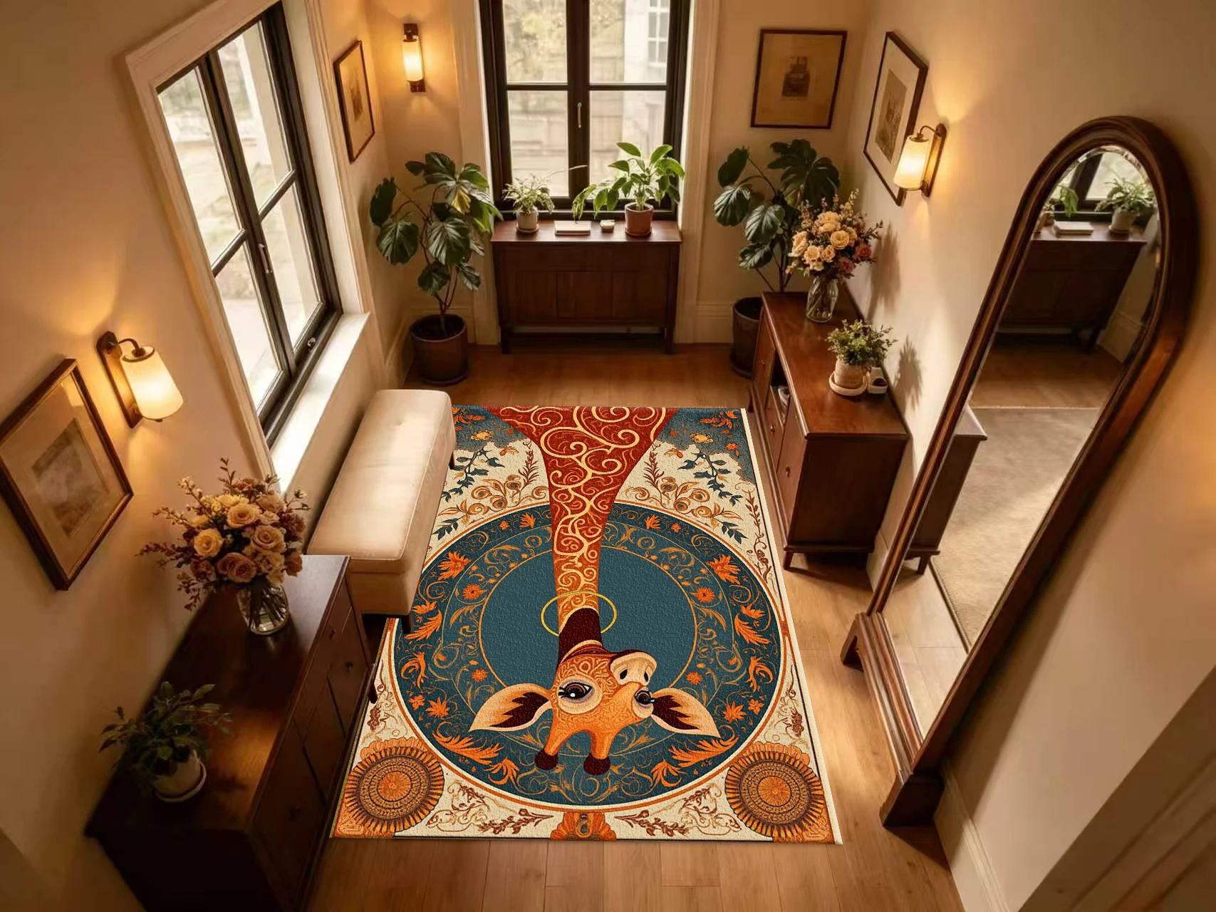 Boho Giraffe Art Carpet Flooring Exotic Vintage Animal Ornamental Pattern Floor Rug Bohemian Living Space Home Decoration