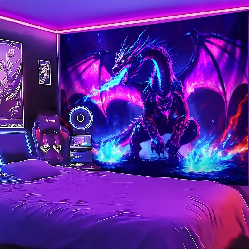 VIKAMA Black Light Violet Dazzling Fire Drake Flames Fantasy UV Active Tapestry Legendary Wall Blanket Decor Soft Durable Cozy