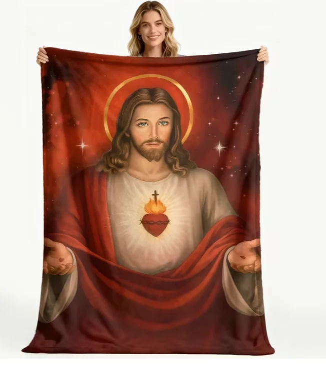 Sacred Jesus Sacred Heart Religious Flannel Blanket Sacred Heart of Jesus Holy Cross Iconography Soft Warm Bedspread for Prayer