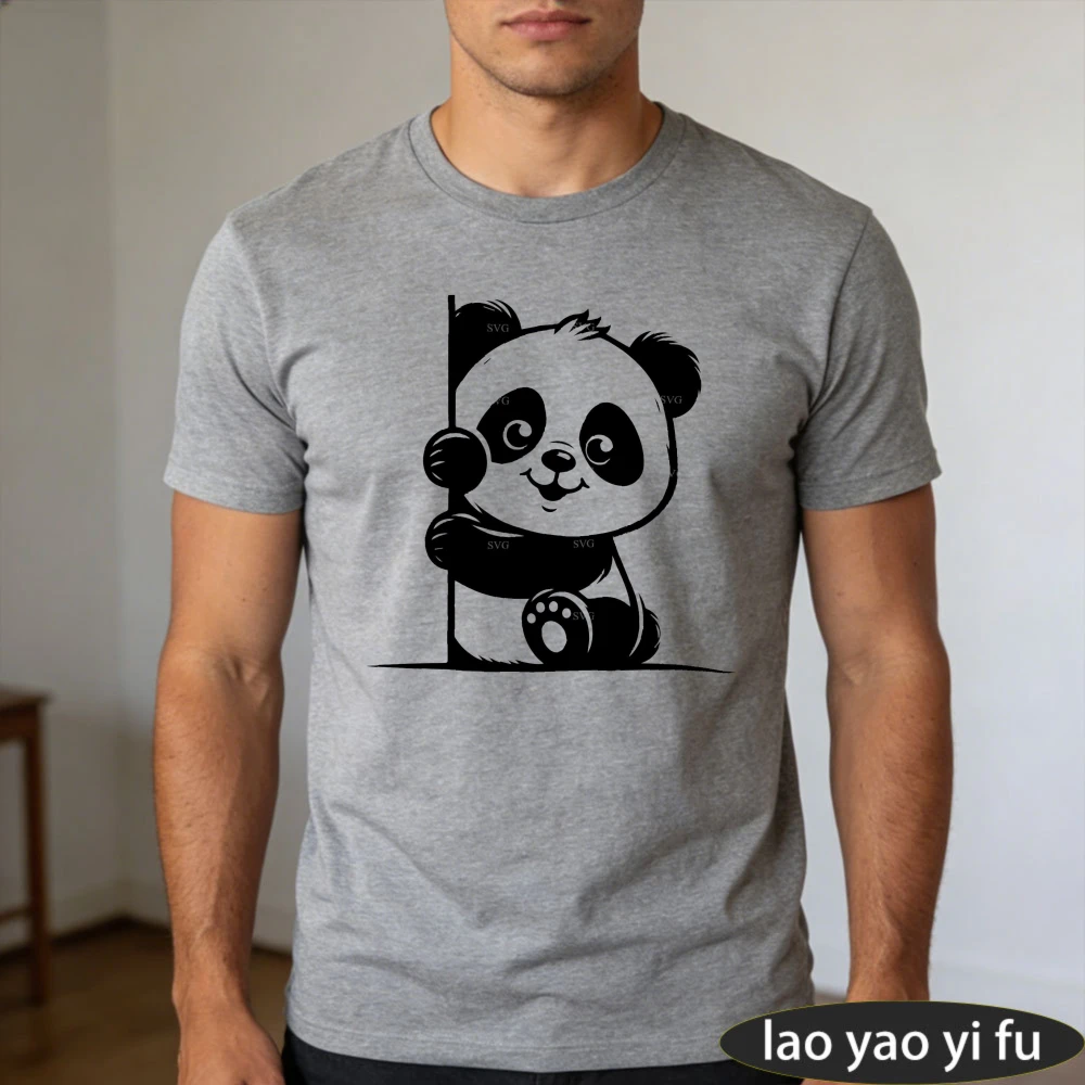 Cartoon Peekaboo Panda Print Tshirt For Men Cute Animal Graphic Cotton Short Sleeve Daily Casual Top