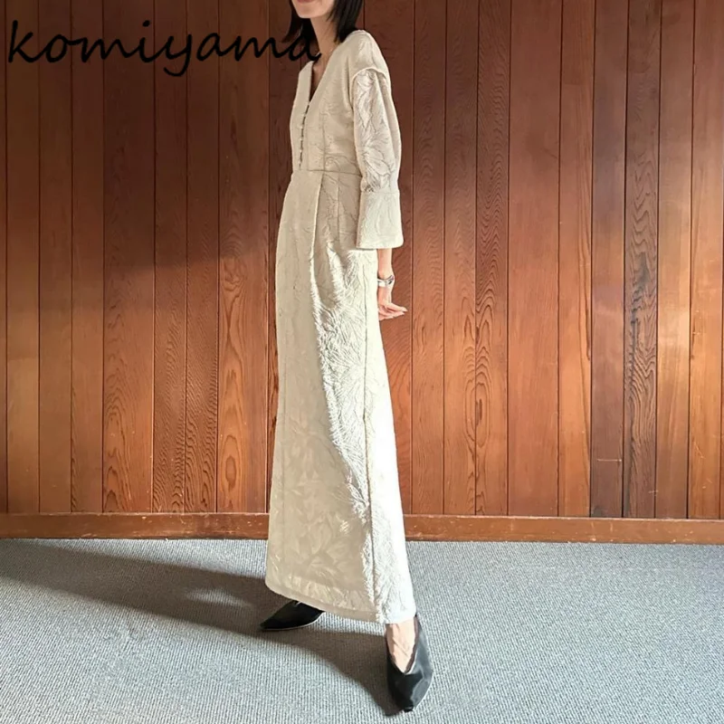 

Komiyama V Neck Chic Button Dress Lace Floral Vestidos Spring Summer New High Waist Dresses Women Elegant Loose Robe Femme