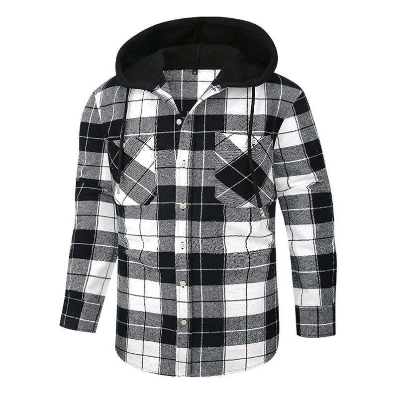 Classic Hoodie Plaid Shirt Jacket for Men 2024 Spring New Long Sleeve Button Down Lattice Top Casual Checked Shirt with Pockets