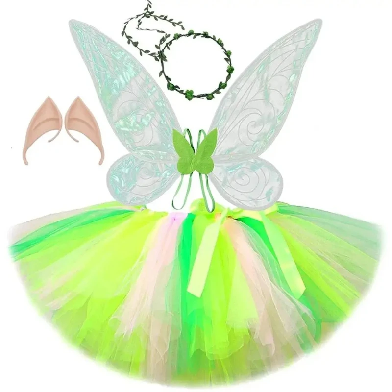Pink and Green Fairy Ballet Dress Girl's Forest Elf Costume Children's Ballet Dress Set Halloween & Christmas Costume with Wings