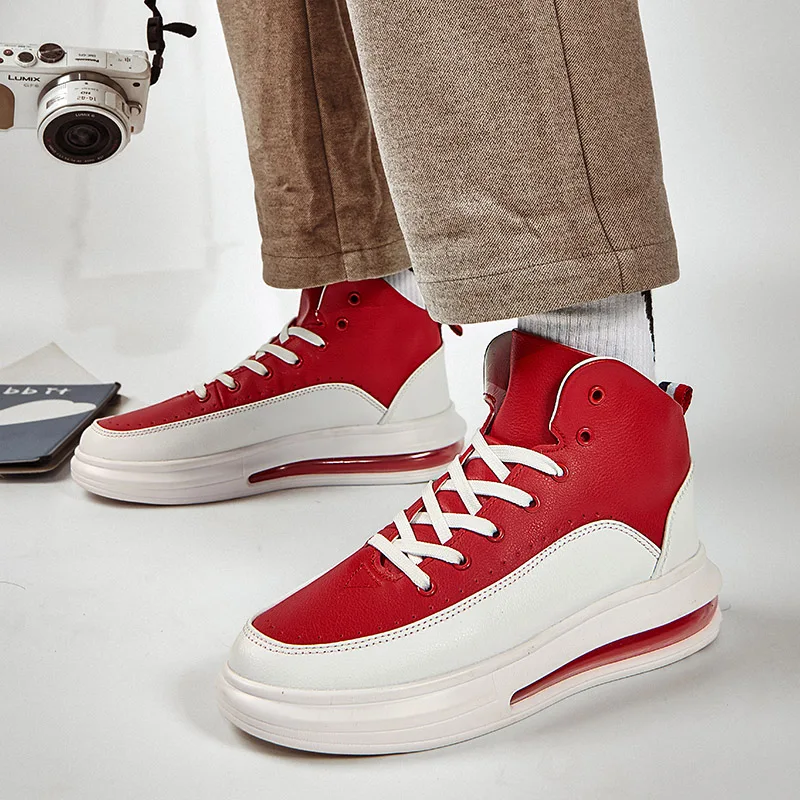 

Original Design Red Couple Casual Sport Shoes Lace-up Non-slip Skateboard Shoes Men Leather Platform Men's High Top Sneakers