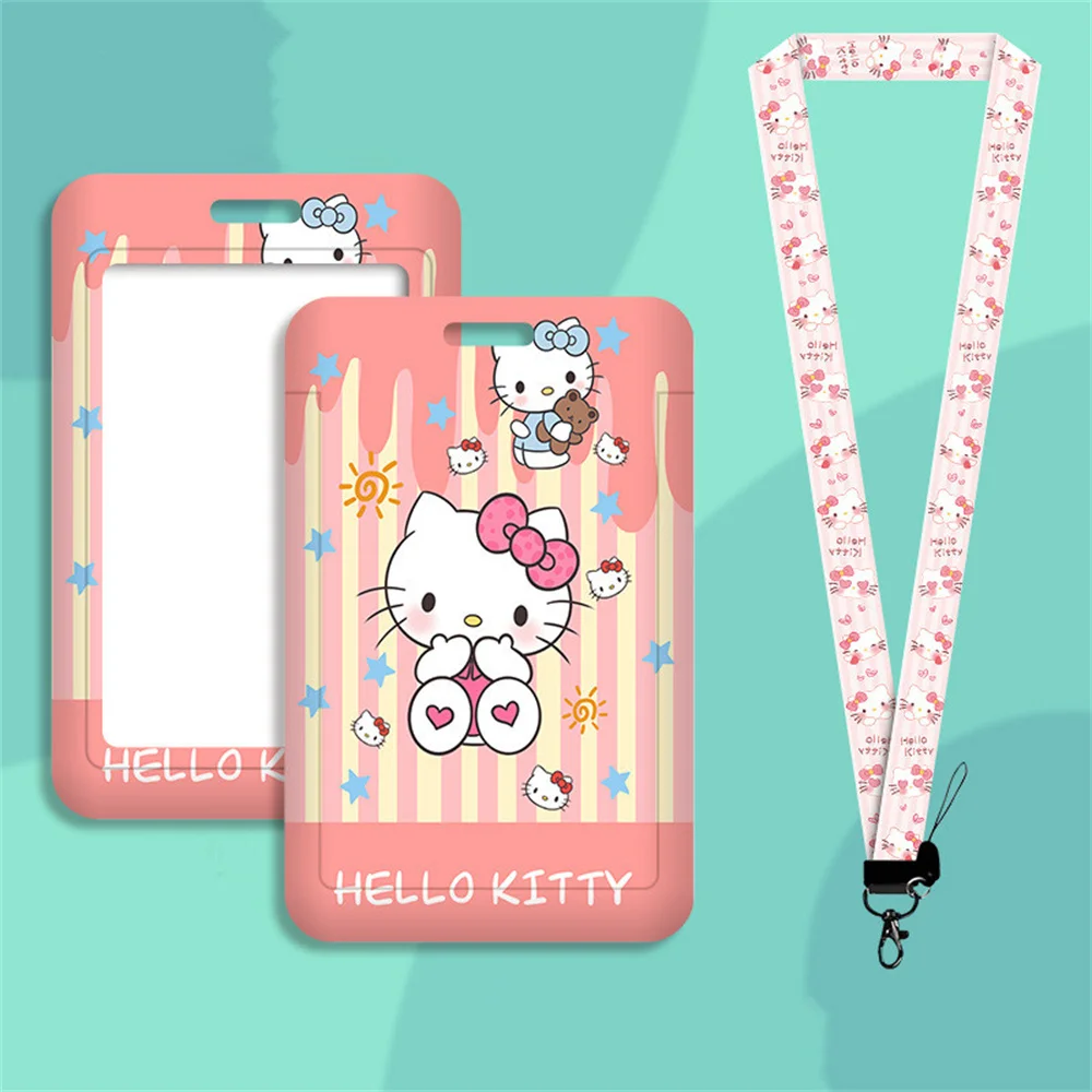 Cute Sanrio Hello Kitty Cartoon Cosplay Kt Cat Key Chain Pendant Work Bus Card Holder Plastic with Lanyard Student Gift Toys