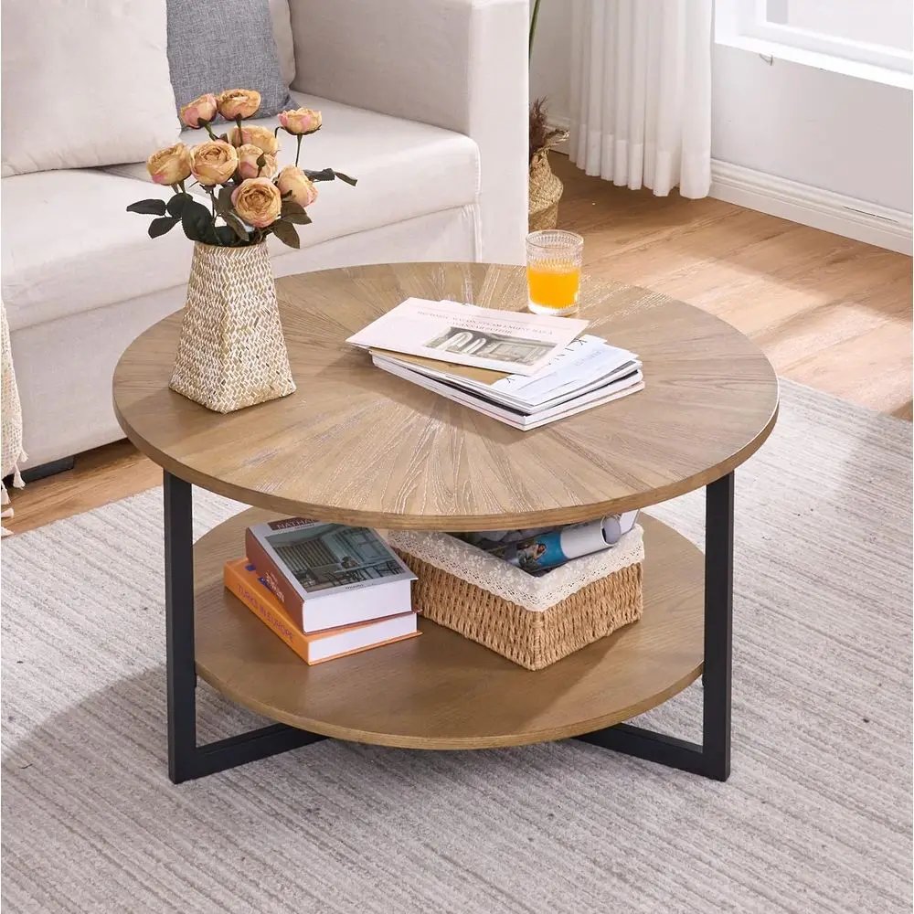 

33.5" Round Coee Table with 2-Tier Storage, armhouse Living Room Cocktail Table with Black Metal Leg, Solid Wood Industrial Soa