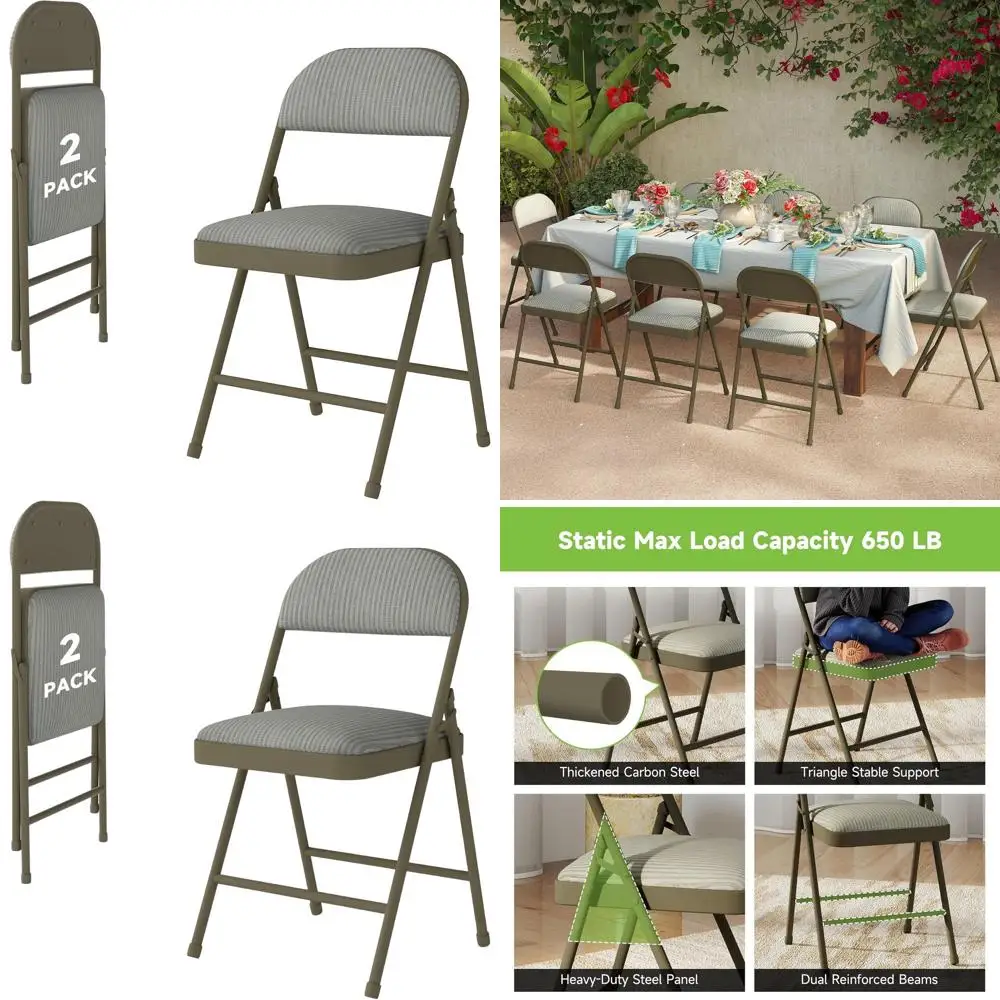 

2-Piece Fabric Cushioned Folding Chairs with Steel Frame for Indoor/Outdoor Use, 450 lbs Capacity, Oatmeal Stripe Pattern