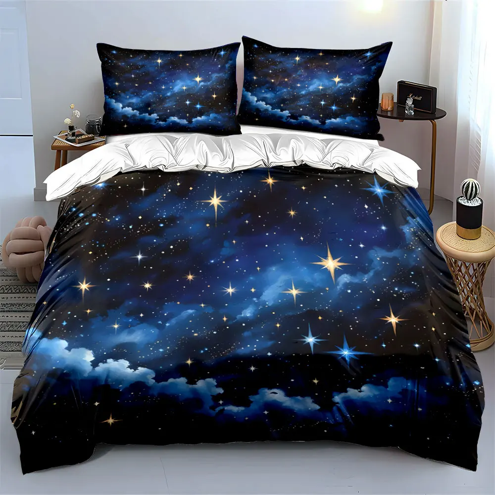 3Pcs Celestial Night Bedding Set, Deep Blue Starry Sky with Wispy Clouds and Glowing Stars Print Duvet Cover, Bedroom Decor
