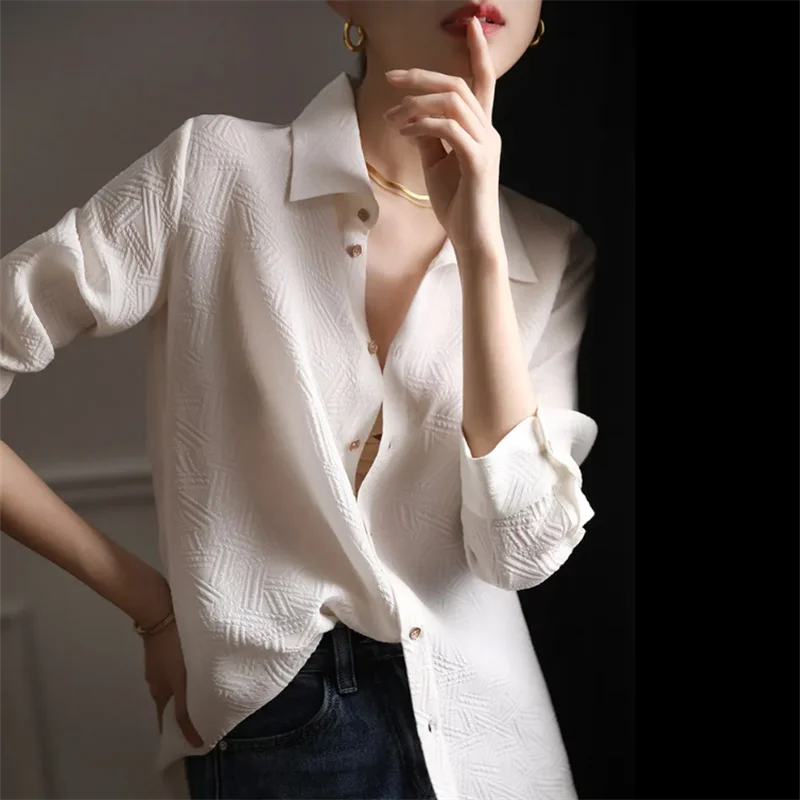 

White Jacquard Blouses Women Shirt Laple Cardigan Button Up Shirts Straight Top Woman Clothing Shirts Casual Female Shirt