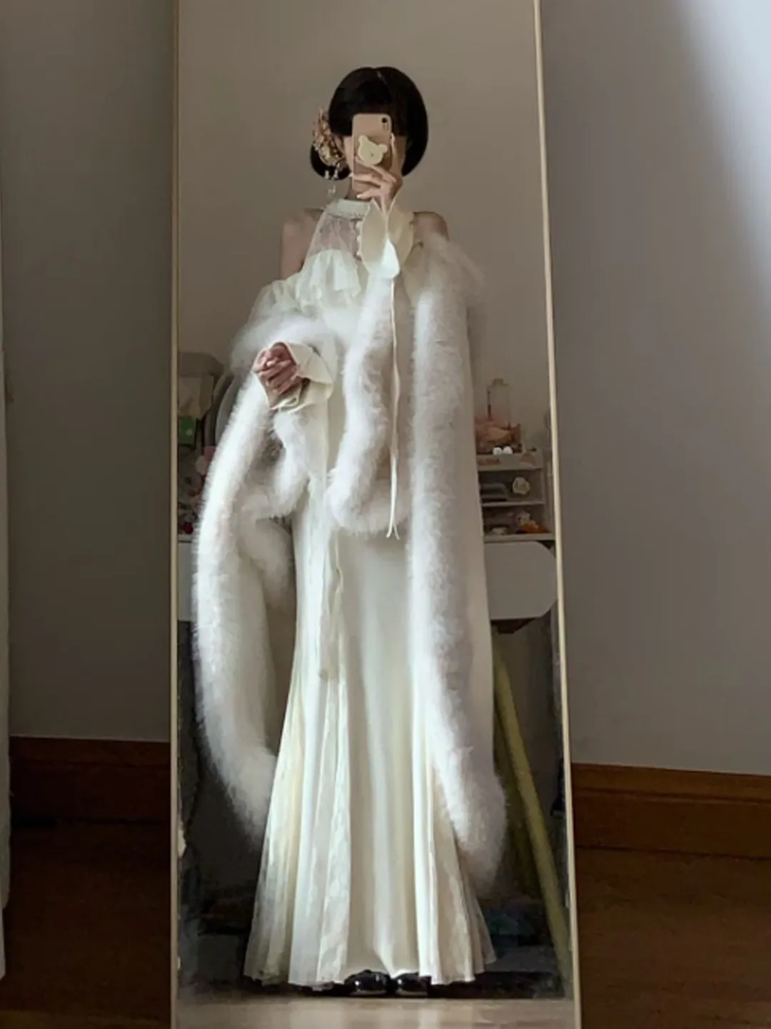 

Ele Soft Sle Fur Coat Dr Two-Piece Set Spring Faion Comfortable Long Sve round Neline Mid-Waist General Fit