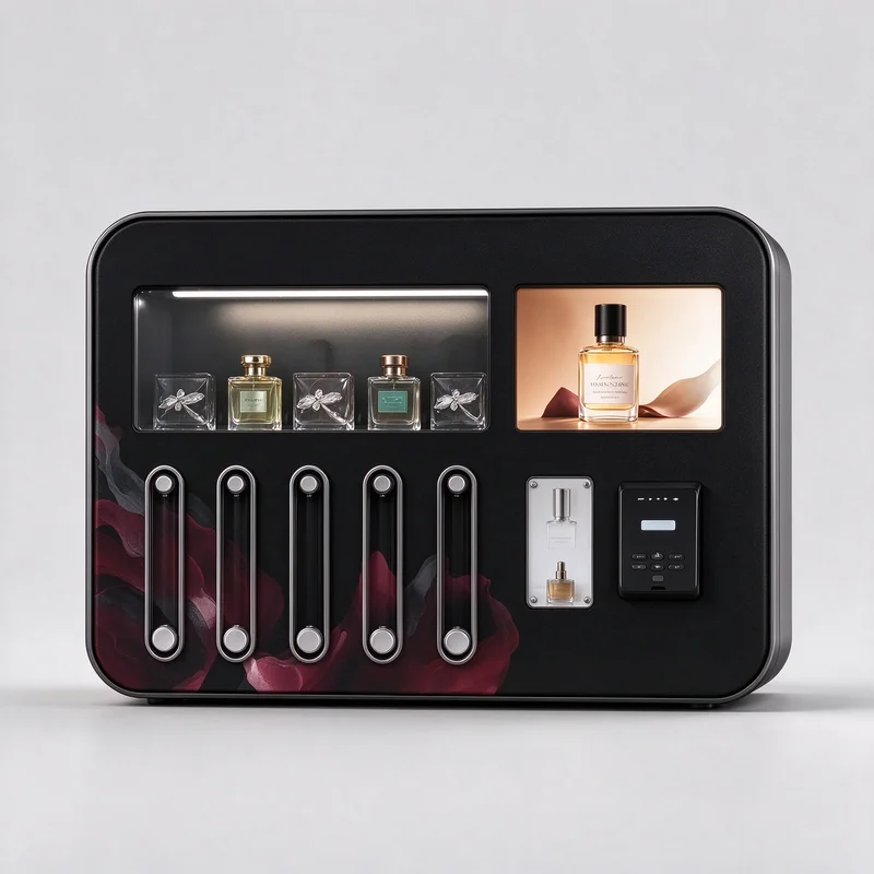 Unattended Fragrance Retail Kiosk Vertical Reinforced Frame Remote Statistics Function For Cruise Terminal Perfume Self Selling