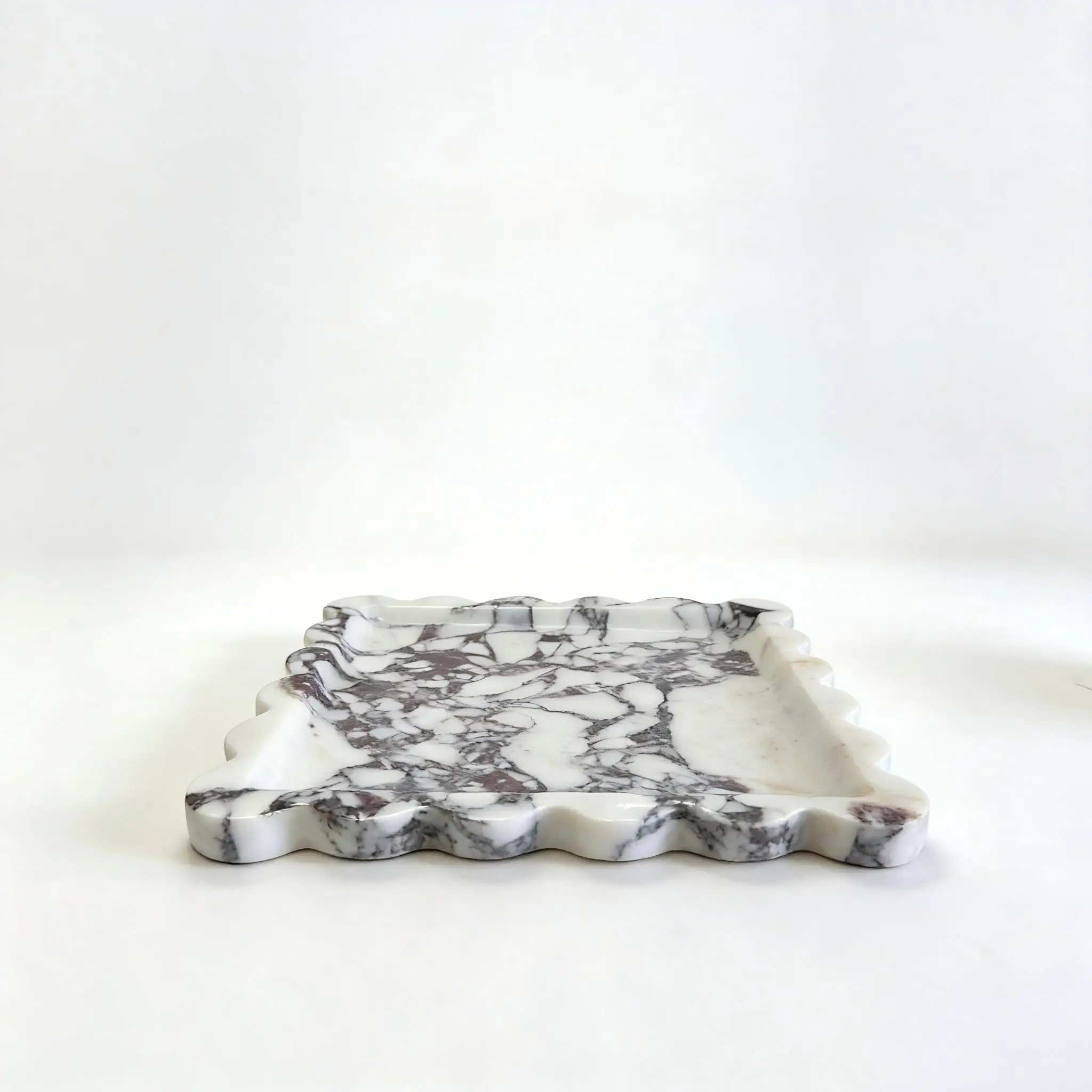 Decorative Marble Vanity Tray, Square with Scalloped Edge, Purple Red and White, Jewelry and Home Decor Organizer Stone Tray