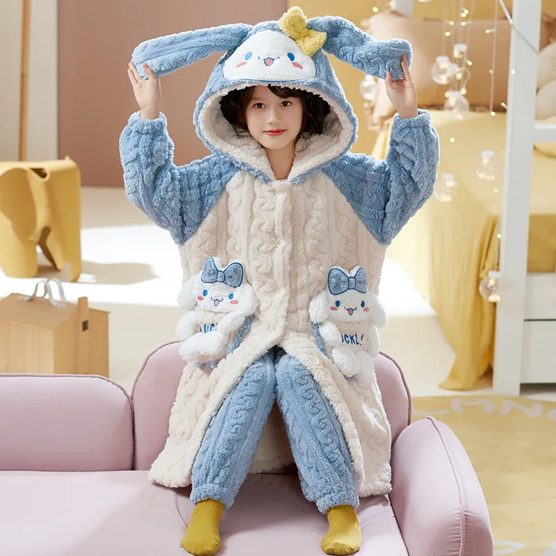 Pompom Purins Kuromi Cinnamoroll Kawaii Anime Parent-Child Plush Pajamas Robe Sanrio Girl Winter Cartoon Warm Thicken Home Wear