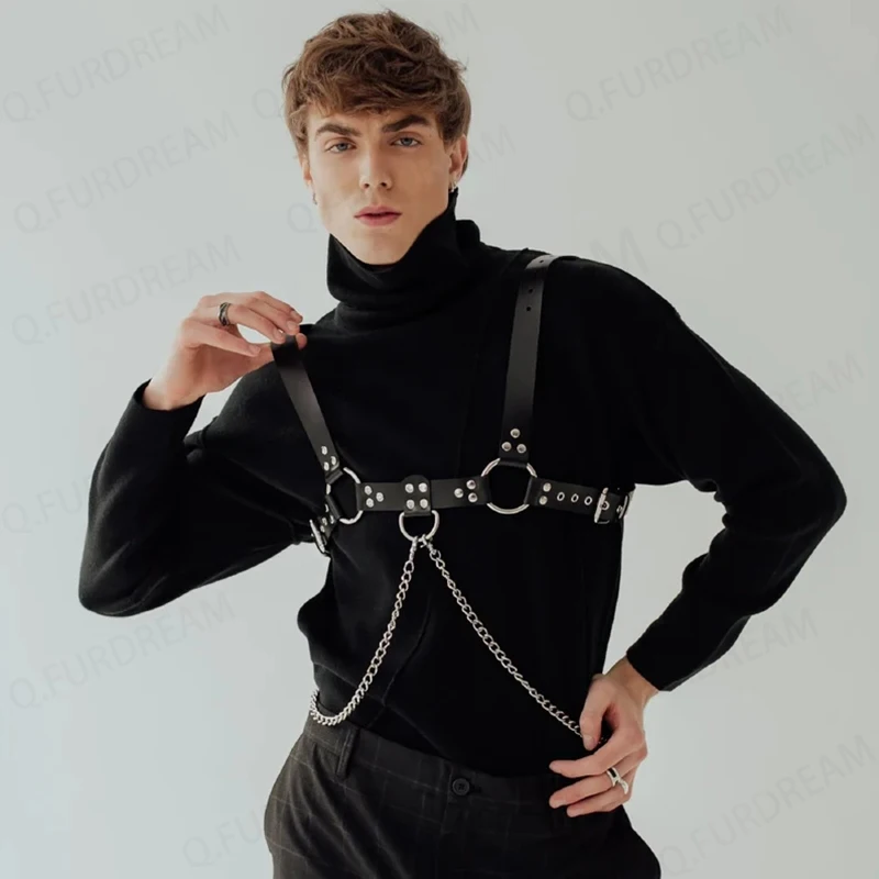 Gay Men\'s PU Leather Chest Harness with Chain Suspenders Body Harness Festival Wear Carnival Rave Outfit Black Men Accessories