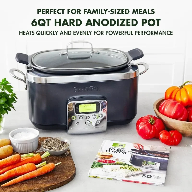 GreenPan Elite 8-in-1 Programmable 6 Quart Electric Slow Cooker, GlassLid & Removable Crock