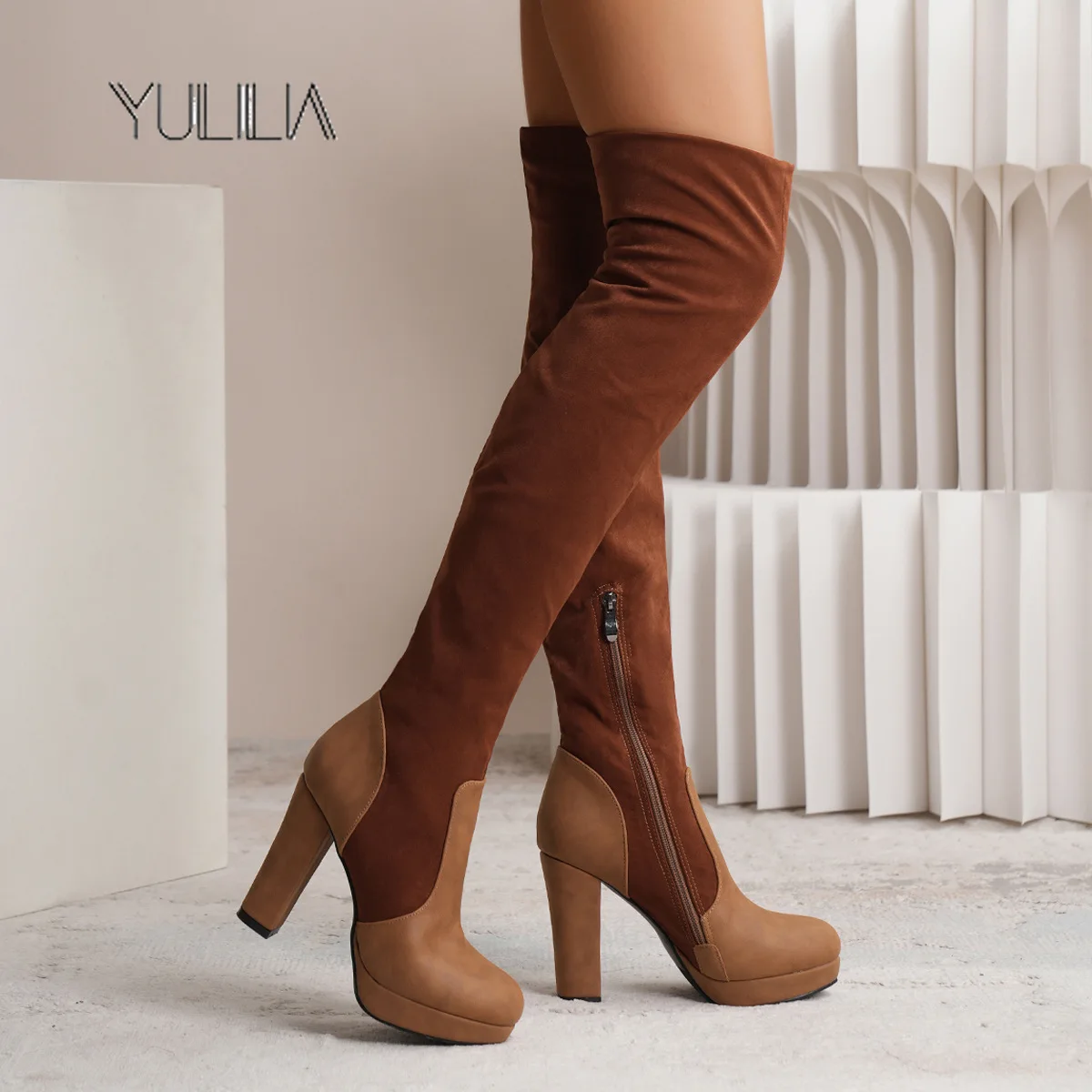 

YULILIA American Style Trendy Sexy Women's Frosted Waterproof Platform Thick High Heel Over Knee Boots Office Nightclub Party