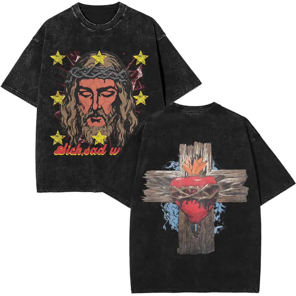 

Washed Vintage Christian Jesus Sick Sad World T-shirt Men Women Fashion Casual Oversized T Shirts Men's Hip Hop Rock T-shirts