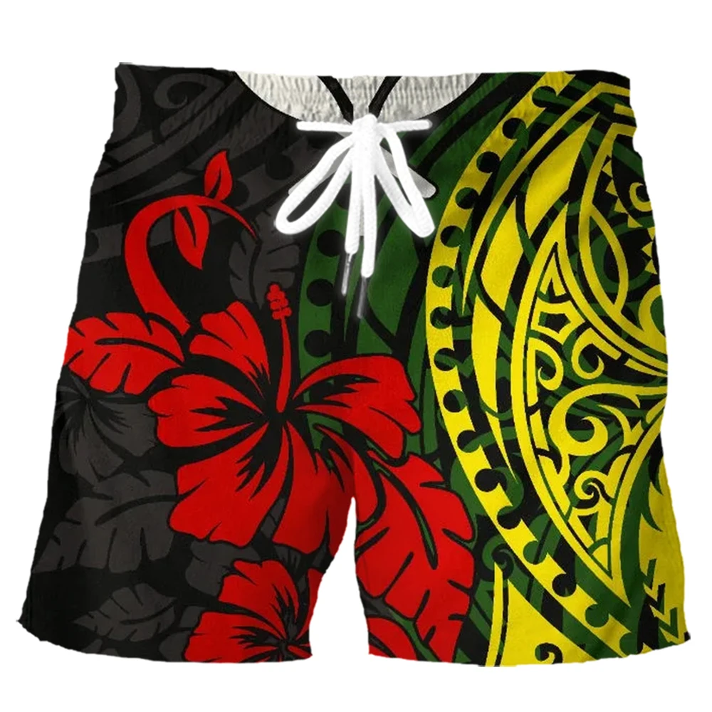 

HX Fashion Men Shorts 3D Graphic Polynesian Tattoo Hibiscus Printed Board Pants Casual Sportswear Unisex Clothing