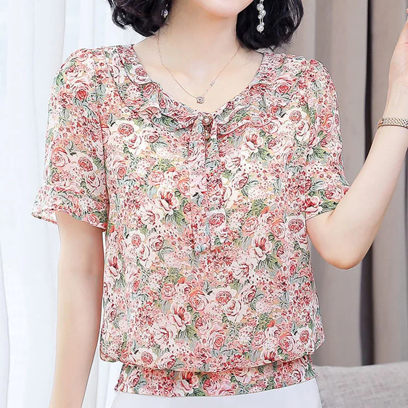 Elegant Fashion Floral Printed Bow Ruffles Chiffon Shirt Summer 2023 New Ruffled Neck Short Sleeve Loose Blouse Women\'s Clothing