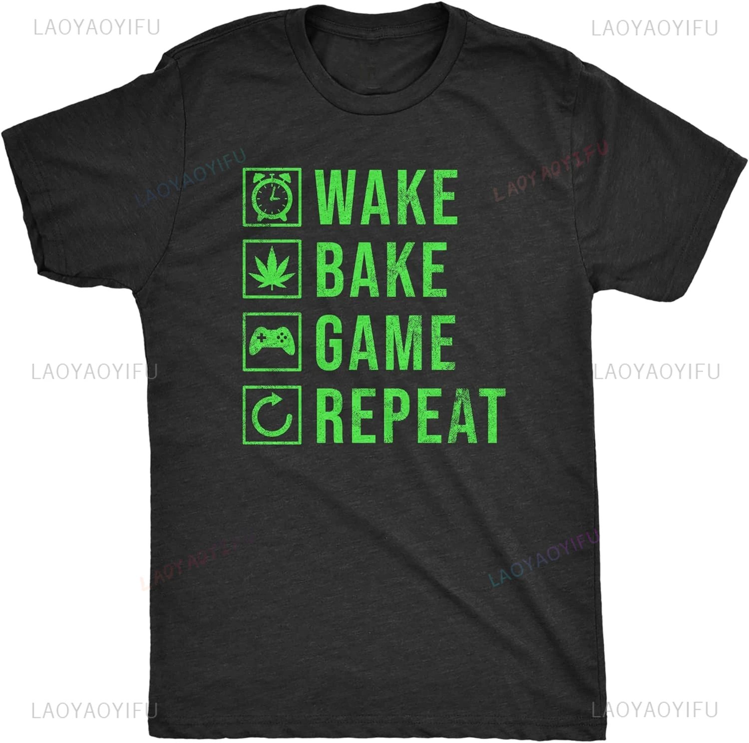 Men Wake Bake Game Repeat Printed T-shirt Funny 420 Weed Video Gaming Lovers Tee for Guys High Quality Cotton Woman Tops Shirt