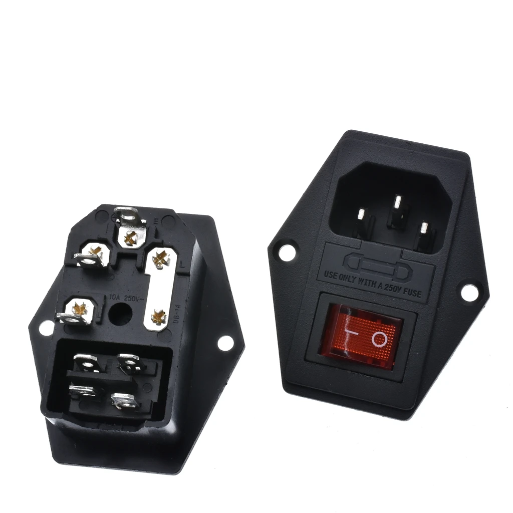 2PCS 10A/250V 3pin AC power socket with Power Rocker Switch Fused