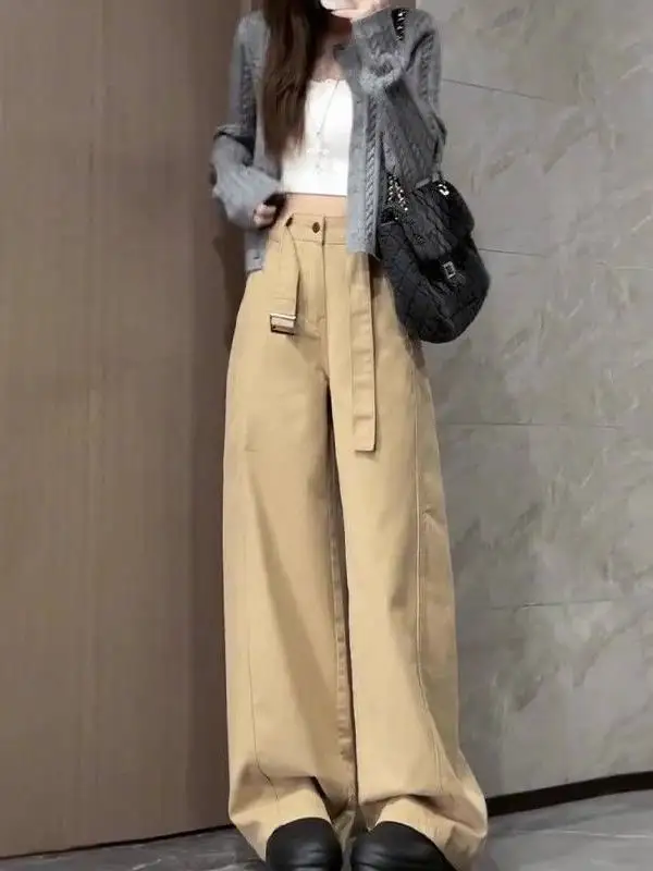 

Женские широкие джинсы цвета хаки с высокой талией, прямые, свободные, драпирующиеся, для повседневной носки, с эффектом утончения фигуры