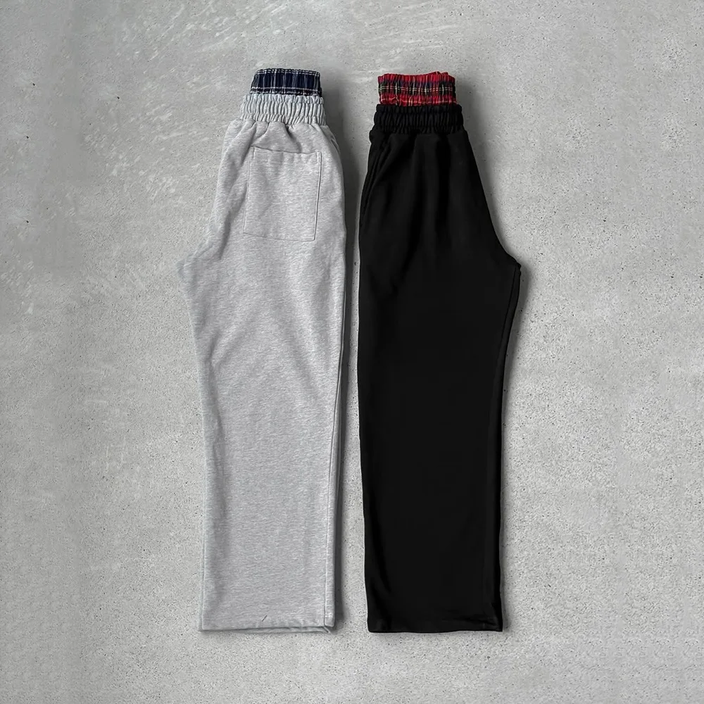 Autumn Retro Hip Hop Street Pants Loose Casual Splicing Grid Double Waist Head Fake Two piece Bathroom Pants