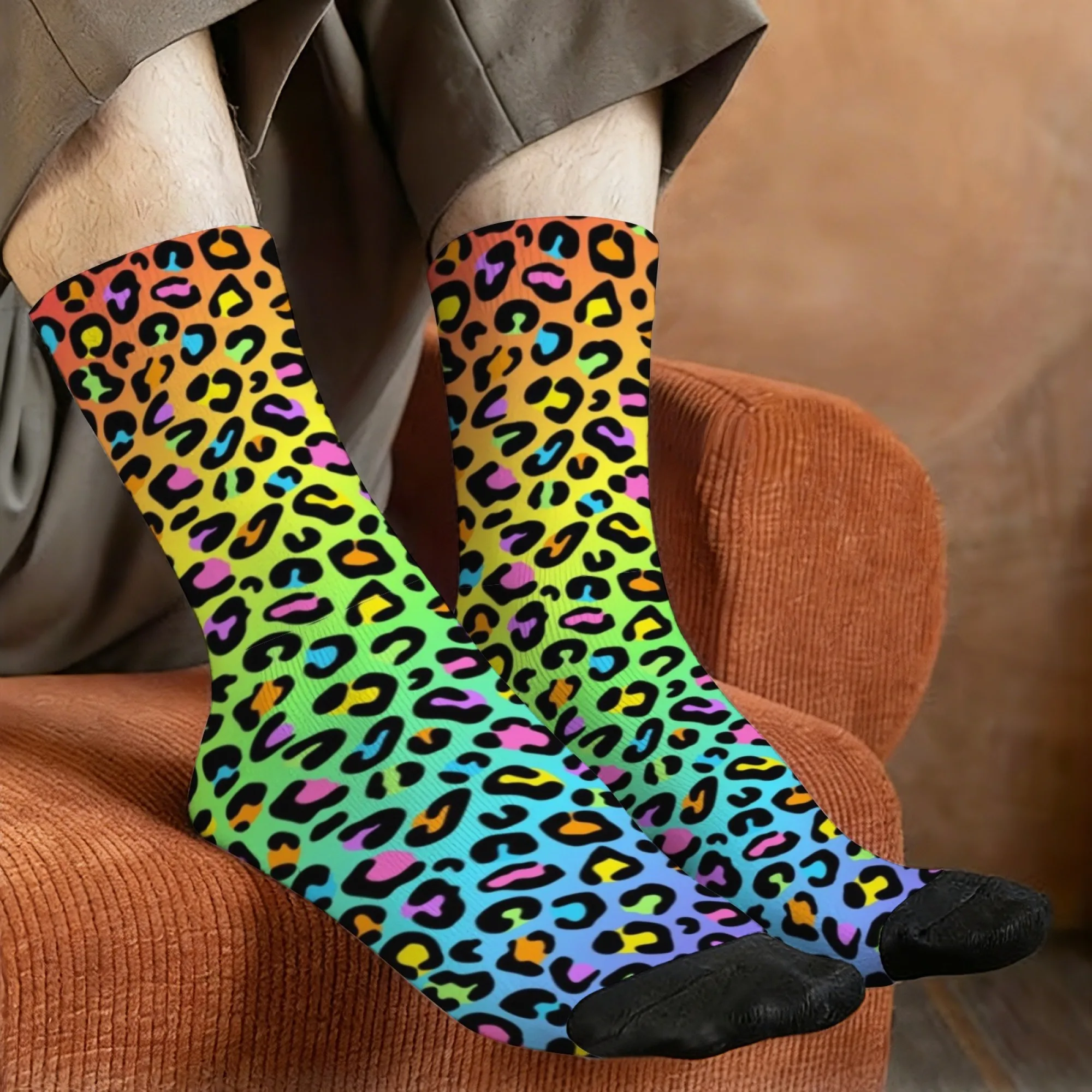 Regenbogenfarbene Leoparden-Socken, weich, bequem, hautfreundlich, Herrensocken, Outdoor-Sport, Fitness, Spaß, Party, Rock, Punk, Crew-Socken