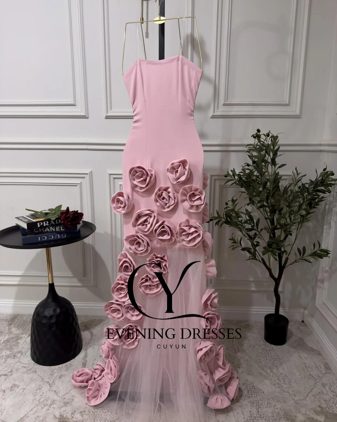 CUYUN Розовые 3D цветы Длинные платья для выпускного вечера Роскошное вечернее платье без бретелек с разрезом Вечернее платье по индивидуальному заказу для особых случаев