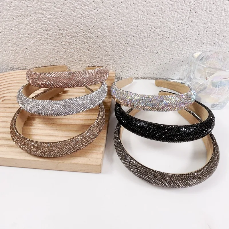 Shiny Full Rhinestone Headbands Sparkly Hair Hoop Crystal Beaded Hairbands Solid Color Head Hoop Non-slip Hair Accessories