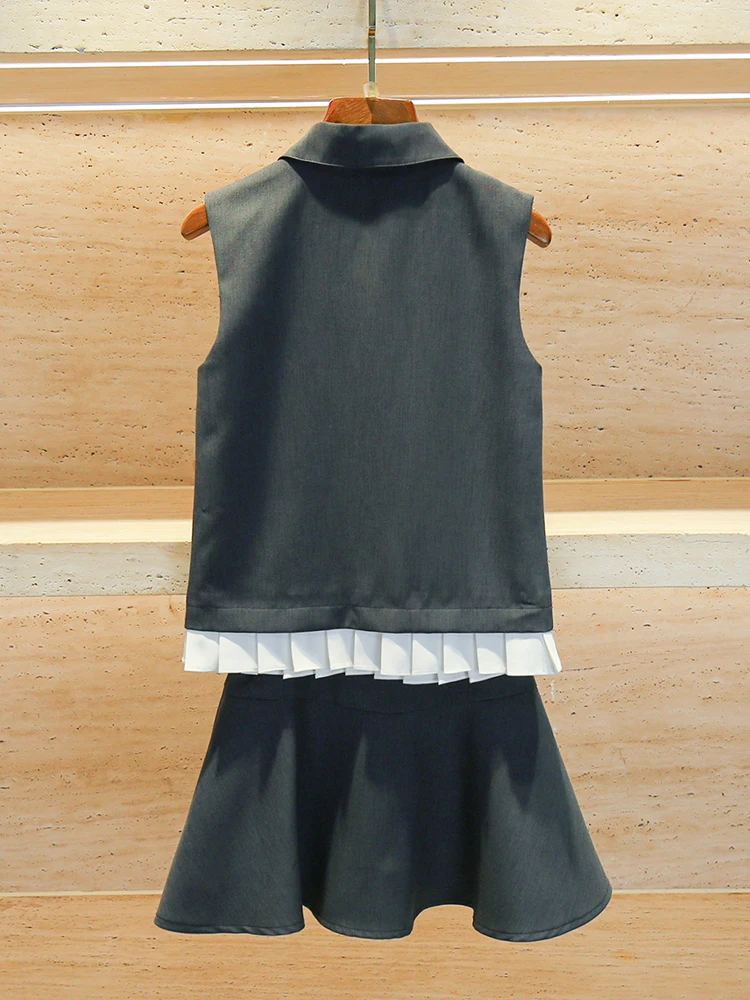 

High-End Summer Women's Faion Set Vest Top+ Skirt College Sle South Oil Wool Blend Flip Collar Overhead Clothing