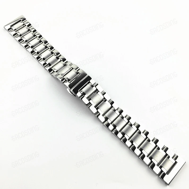 【SACOSDING】Solid Stainless Steel Watch Strap Double Press Butterfly clasp watch band 18mm 20mm 22mm Vacuum IP Plating（Silver）