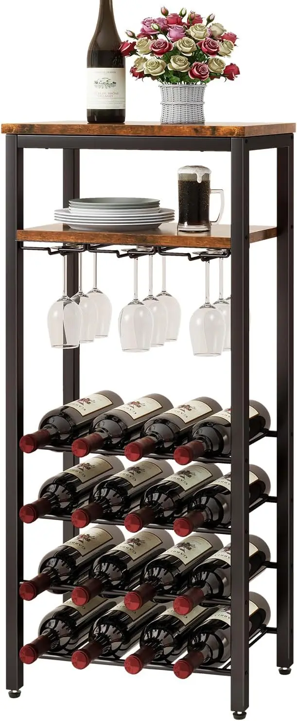

Напольная винная стойка на 16 бутылок с держателем для бокалов, мини-бар в коричневом цвете для гостиной, кухни, столовой