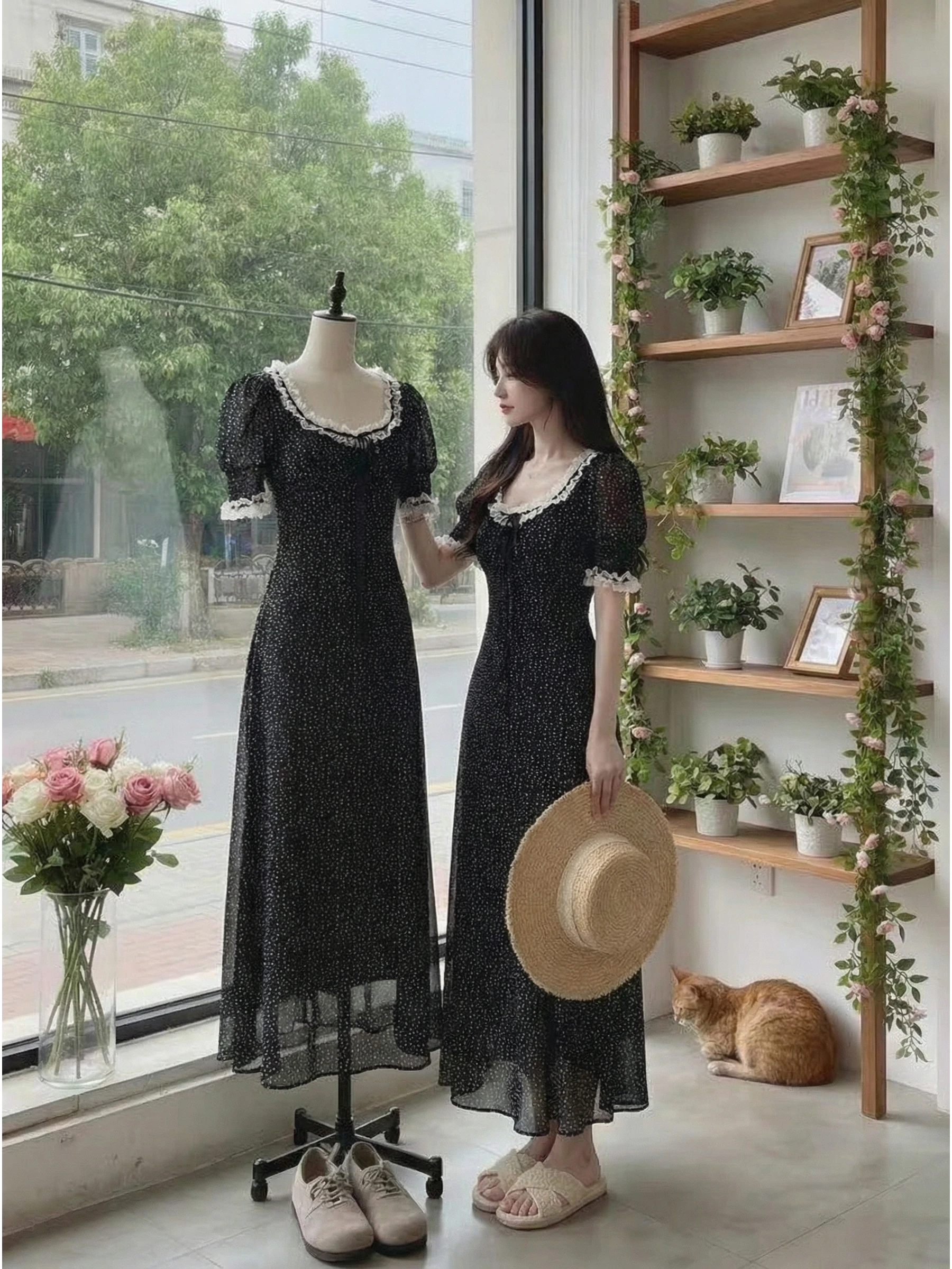 

Bla Polka Dot Dr Women's Early Spring Ruffle Korean Sle Chic Casual A-Line Skirt ort Sve Zipper Ba Stand Fit