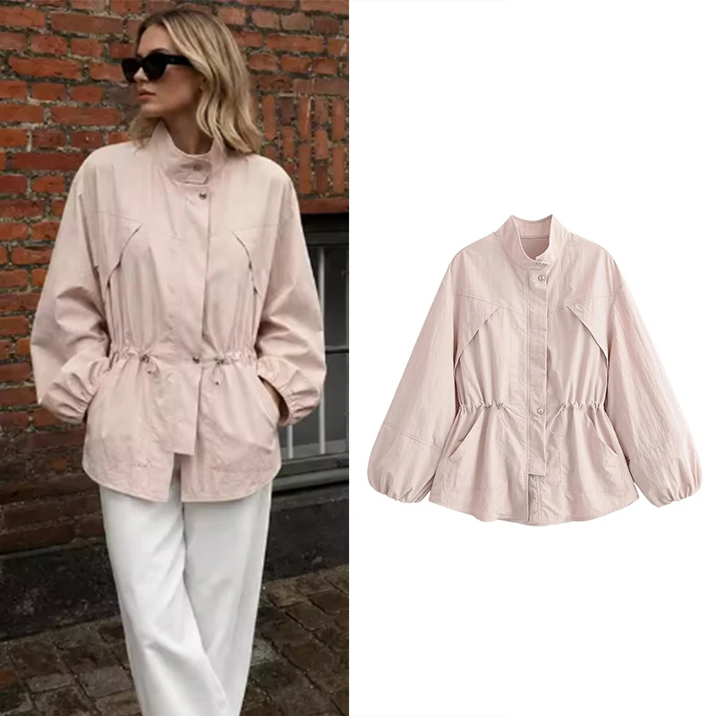 Women's Jacket 2026 New Fashion Autumn Stand Collar Drawstring Waist Coat for Women Casual Chic Personality Female Outerwear