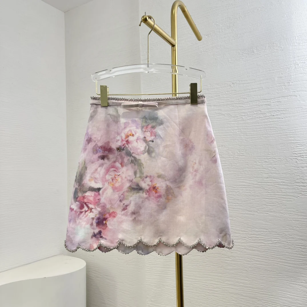 Pink Romantic Women New Oufit Series High Quality Floral Print Ruffles Bow Diamonds Lantern Sleeve Blouse and Mini Skirt Set